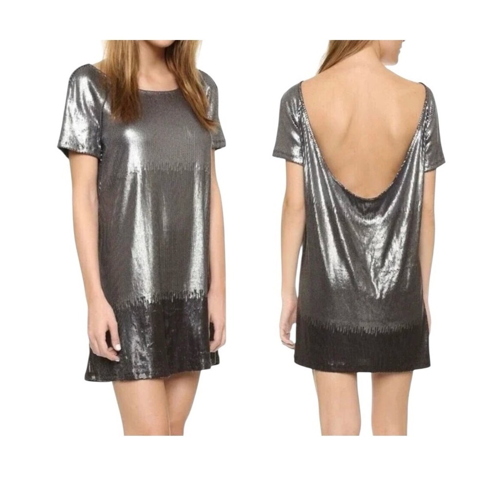 Free People Grey and Silver Sequins Short Sleeve Low Back Midi Sheath Dress